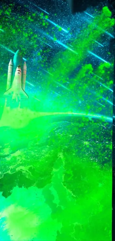 Neon green space shuttle wallpaper with cosmic backdrop.