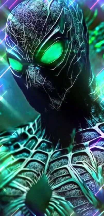 Neon green spider-themed hero in high-tech suit wallpaper.