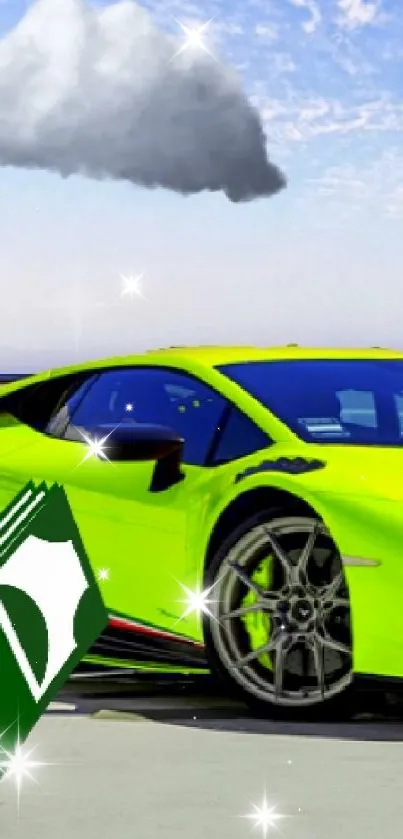 Neon green sports car on urban rooftop under vibrant sky.