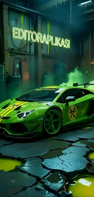 Neon green sports car in a futuristic garage.