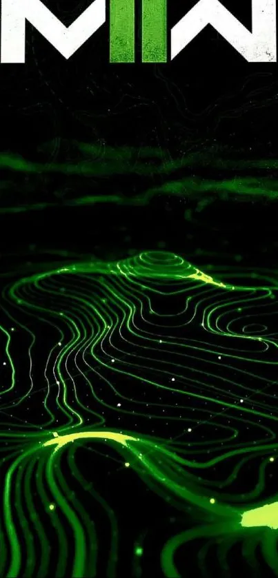 Neon green topographic wallpaper with glowing lines.