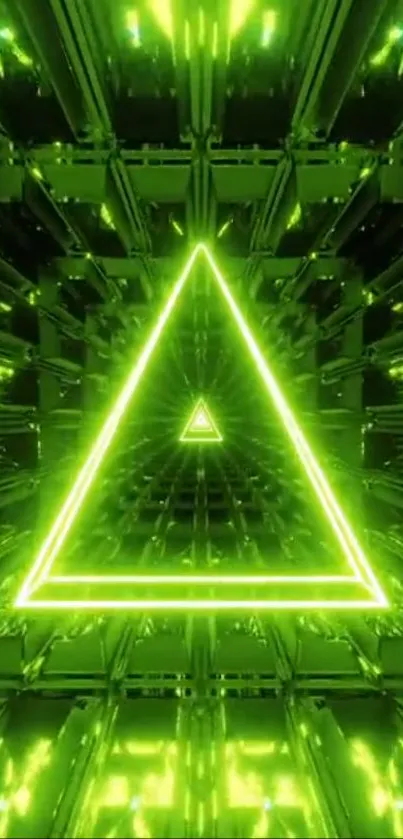 Futuristic neon green triangle with reflections.