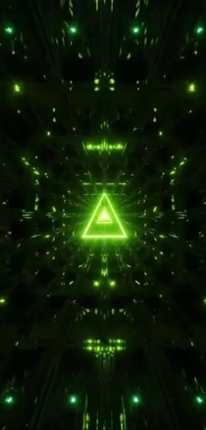 Futuristic neon green triangle wallpaper with abstract design.