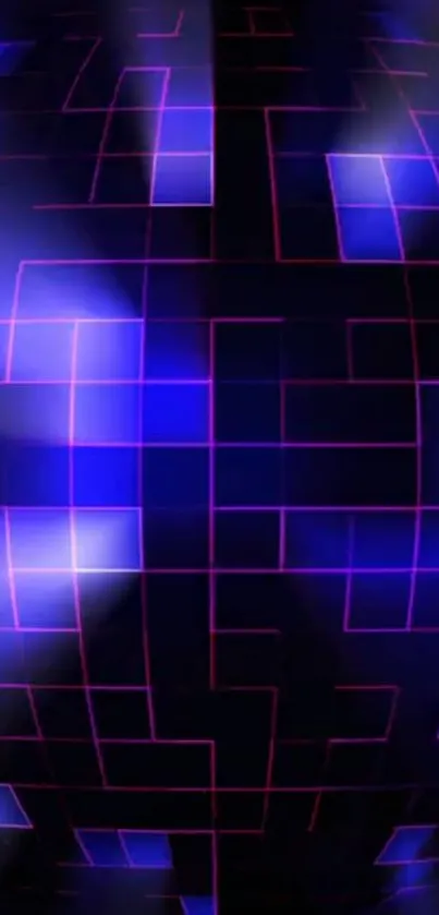 Neon grid sphere with purple and blue lights for a modern wallpaper.