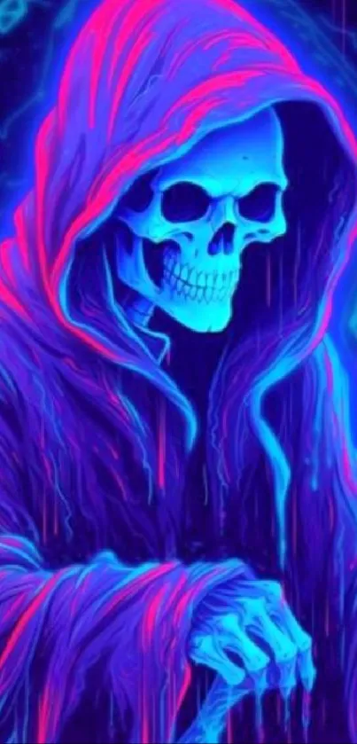 Neon Grim Reaper in vibrant blue and pink hues.