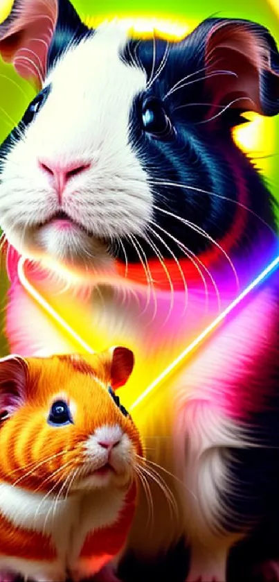 Neon guinea pigs illustrated in vibrant colors for unique wallpaper.