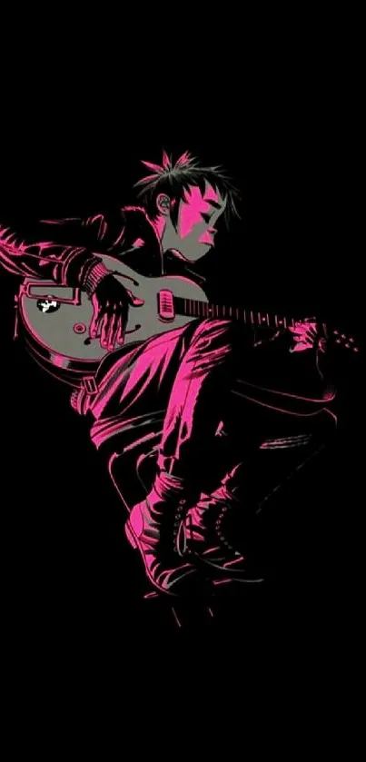 Neon pink guitar art with dark silhouette background.