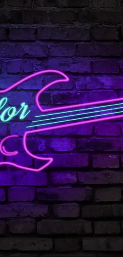 Neon guitar design on a brick wall background, perfect for music lovers.