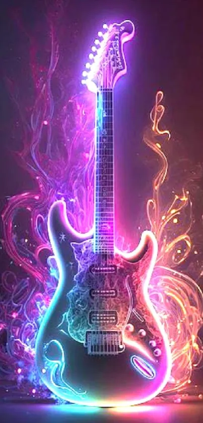 Neon guitar with luminous flames in vibrant colors