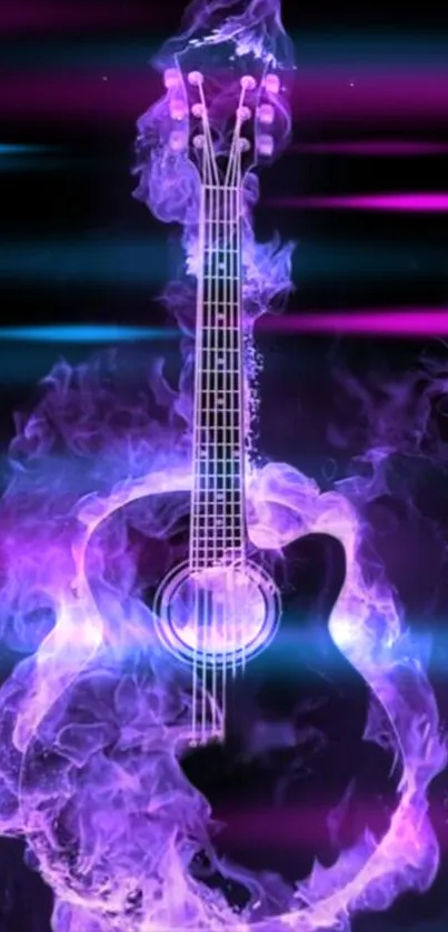 Neon guitar with purple flames on a phone wallpaper.