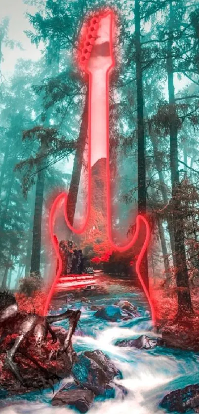 Neon guitar in a mystical forest with vibrant colors.