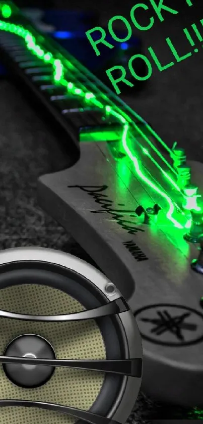 Electric guitar with neon green lights in dark theme.