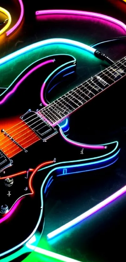 Neon-lit electric guitar with vibrant colors.