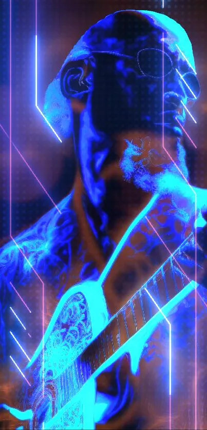 Futuristic neon guitarist artwork with electric blue highlights.