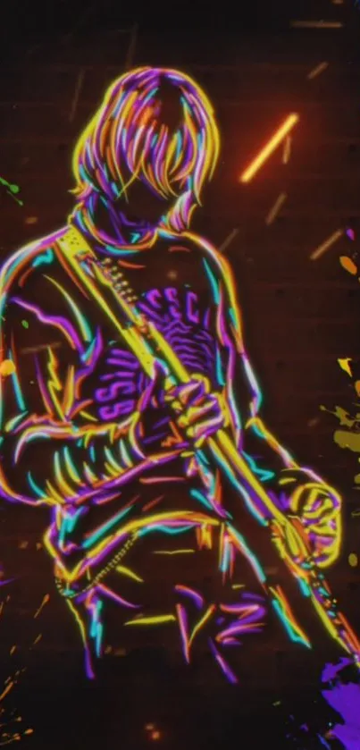 Neon silhouette of a guitarist with colorful artistic background.