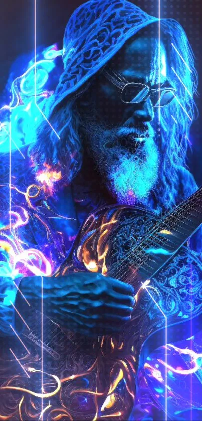 Electric blue neon fantasy art of a guitarist with glowing effects.