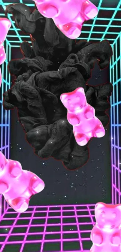 Pink gummy bears float in a neon geometric grid.