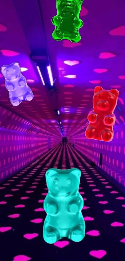 Neon tunnel with floating gummy bears in vivid colors.