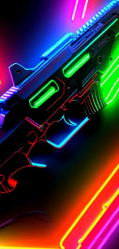 Neon gun artwork with vibrant colors and abstract lines.