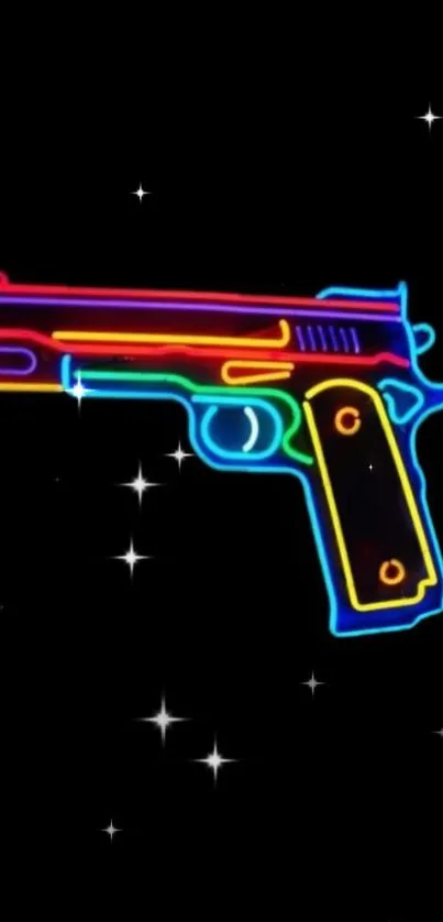 Neon gun wallpaper with colorful glow and starry black background.