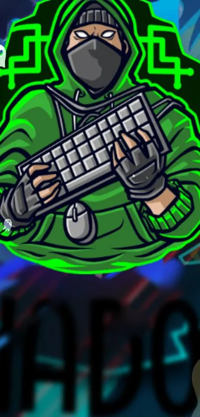 Neon green hacker art with keyboard on tech background.