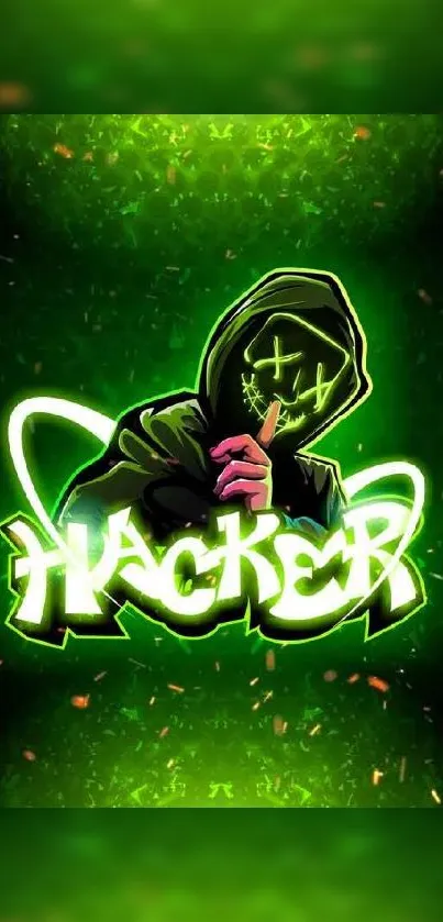 Neon green hacker with mask in vibrant wallpaper.