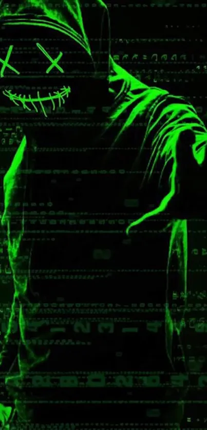 Neon green hacker mask with dark theme background.