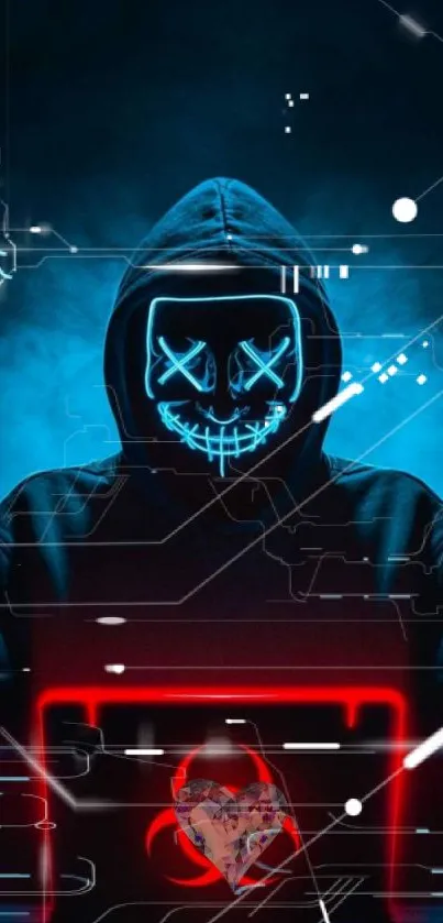 Cyberpunk hacker with neon blue mask and red laptop in a digital landscape.