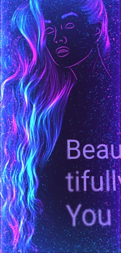 Neon hair silhouette with glow effect and 'Beautifully You' text on dark background.