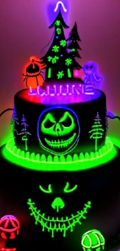 Spooky neon green Halloween cake design glowing vividly.
