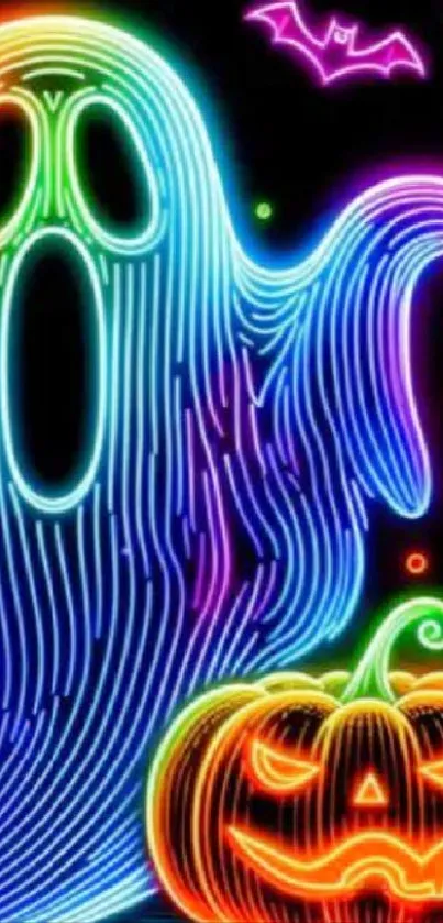Neon Halloween ghost with glowing pumpkin art.