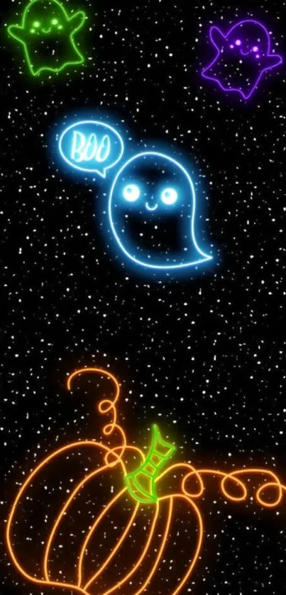 Neon Halloween ghosts and pumpkin wallpaper.