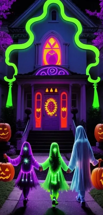 Neon-themed haunted house with glowing costumes and pumpkins in purple and green.