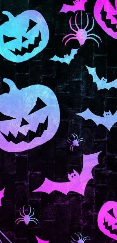 Neon Halloween wallpaper with pumpkins, bats, and webs in dark purple tones.