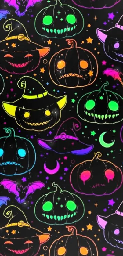 Neon pumpkins and bats Halloween wallpaper.