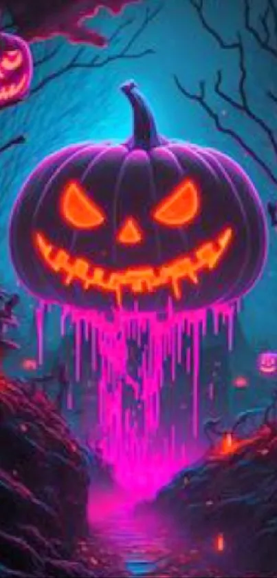 Neon Halloween pumpkin in a spooky, glowing forest setting.