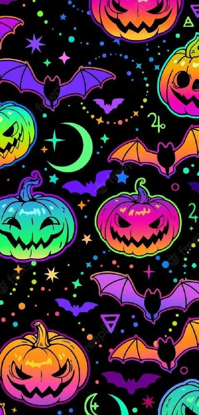 Neon Halloween pumpkins and bats on a dark mobile wallpaper.