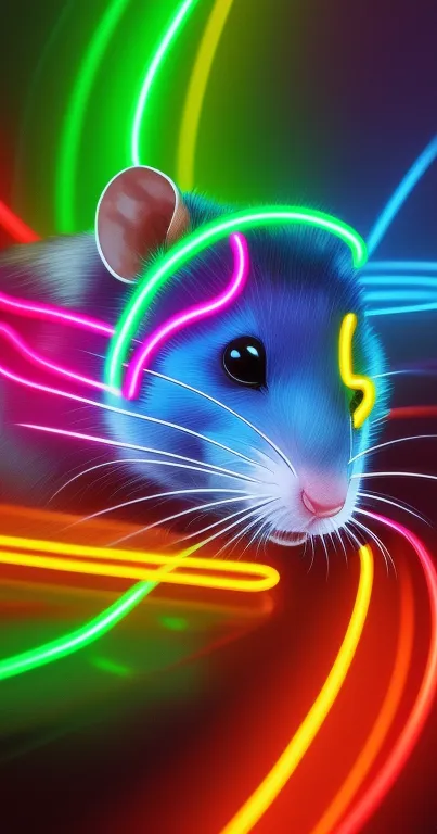 Vibrant neon hamster with glowing lights.