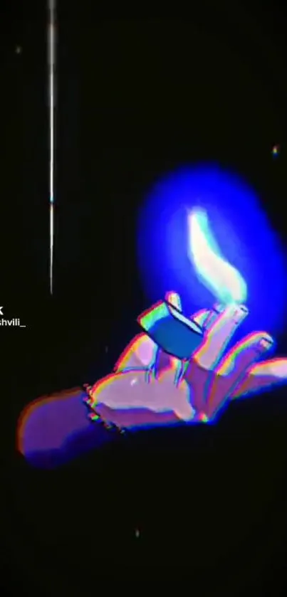 Neon hand with a blue flame on dark background.