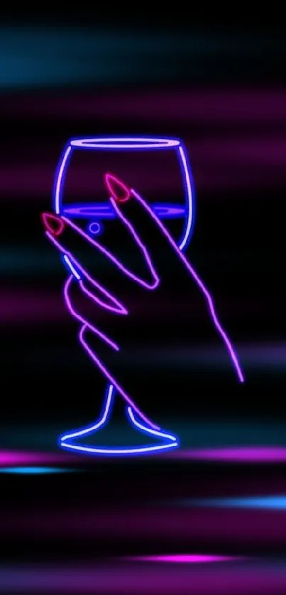 Neon hand holding a wine glass against a black background.