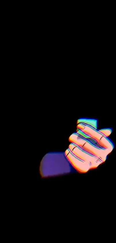 Colorful neon hand holding a smartphone art on black background.