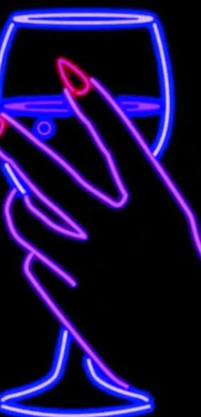 Neon outline of a hand holding a wine glass on a black background.