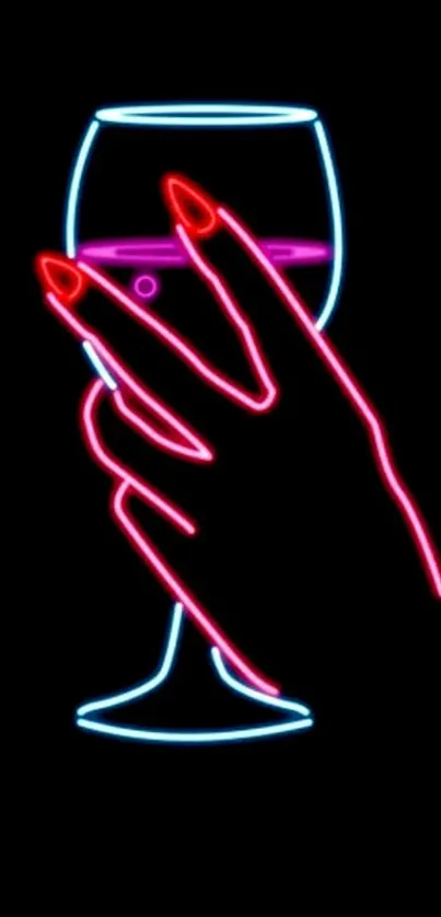 Neon art of a hand holding a wine glass on a black background.