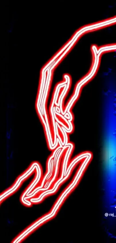 Vivid neon outline of hands on a dark background.