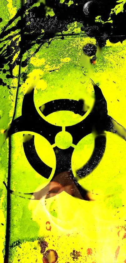 Neon green biohazard symbol with splatter effects as phone wallpaper.