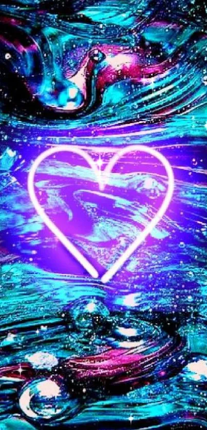 Neon heart abstract mobile wallpaper with vibrant teal and purple colors.