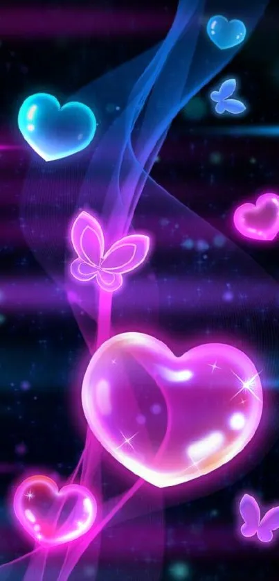 Neon hearts and butterflies on black background.