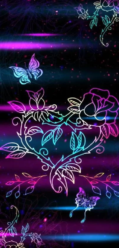 Neon heart and flowers with butterflies on dark background.