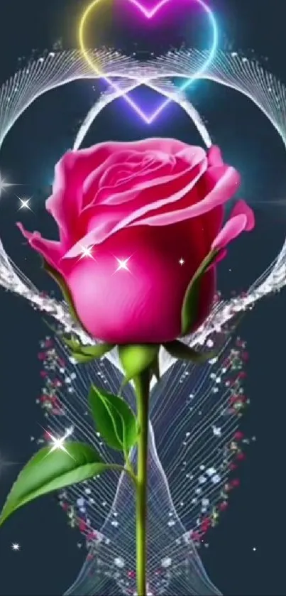 Vibrant pink rose with neon heart on dark background wallpaper.