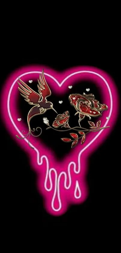 Neon heart with roses and hummingbird on a black background.